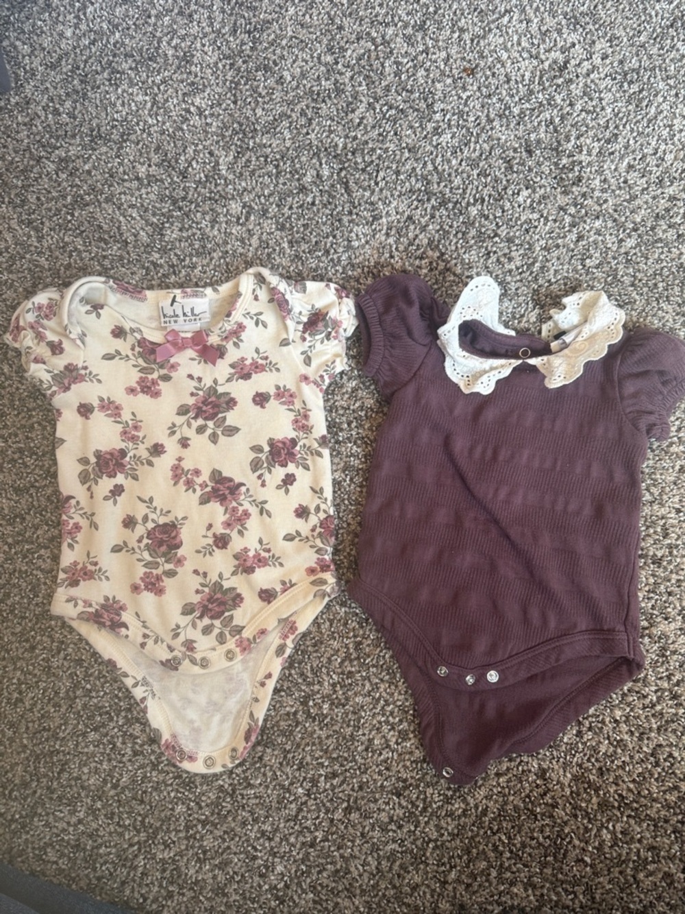 Nicole Miller Cream Floral Bodysuit & Plum Peter Pan Collar Onesie Bundle of 2